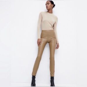 Zara Taupe Stretch Faux Leather Split Leg High Waist Pant S/M Bloggers Sold Out